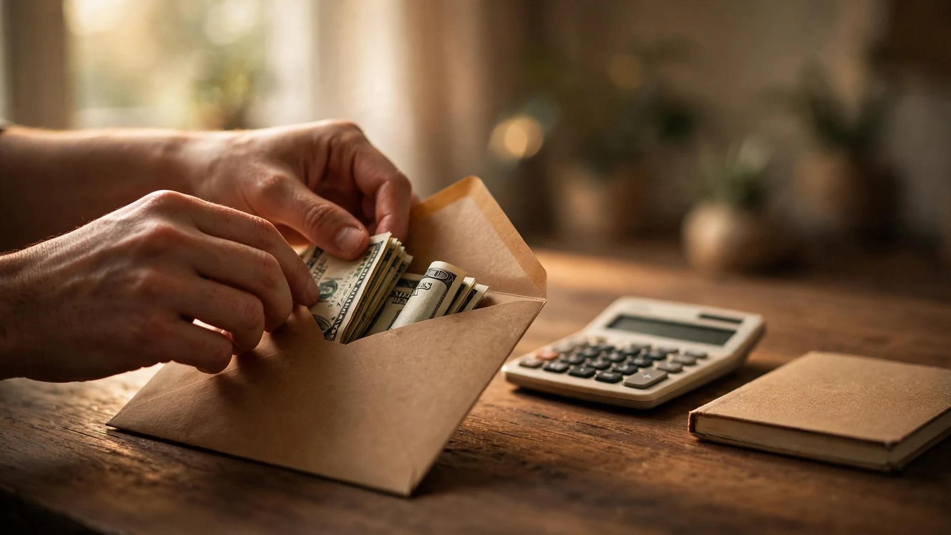 Hands placing cash into an emergency fund envelope