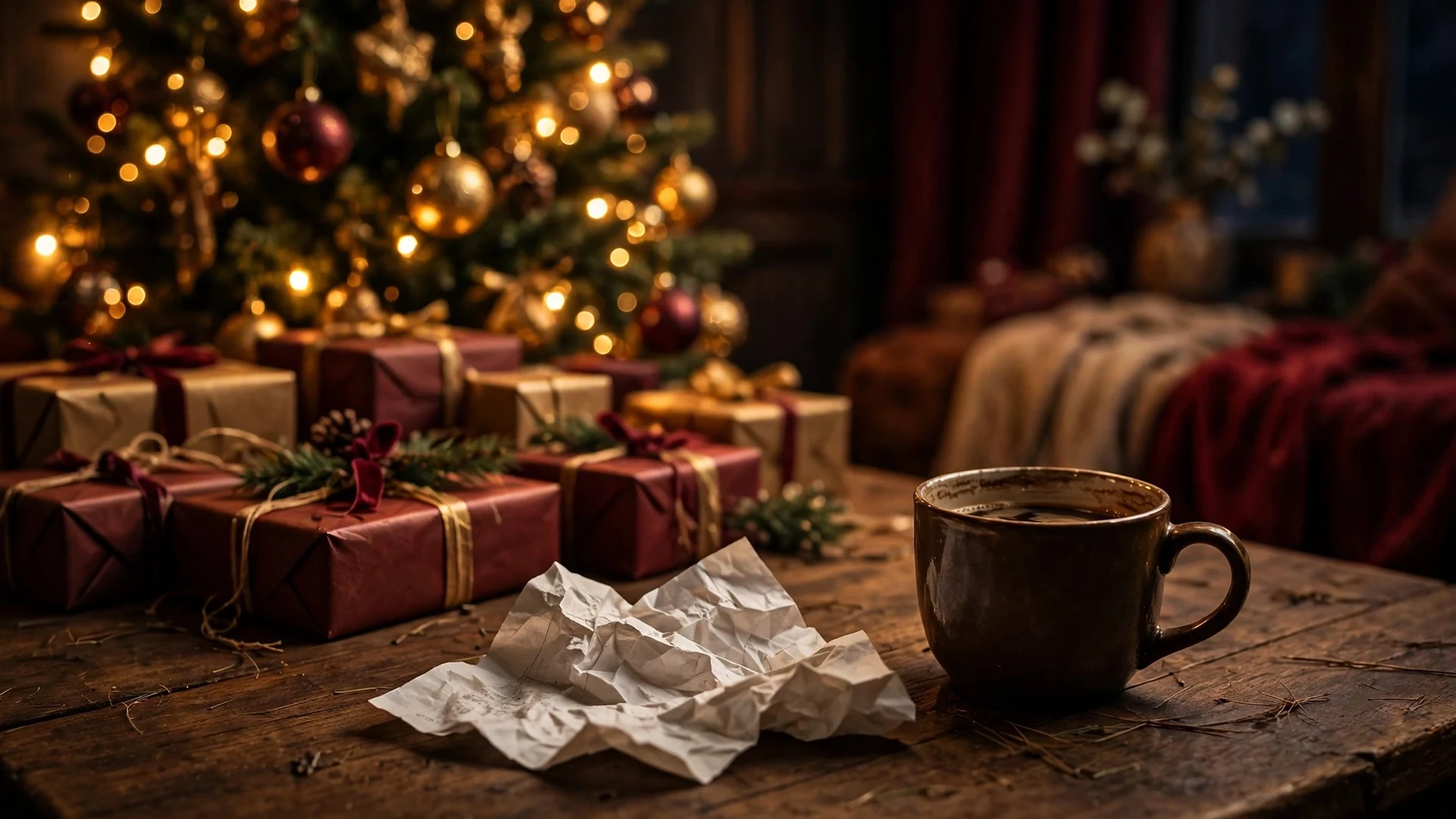A crumpled receipt on a coffee table in front of a Christmas tree